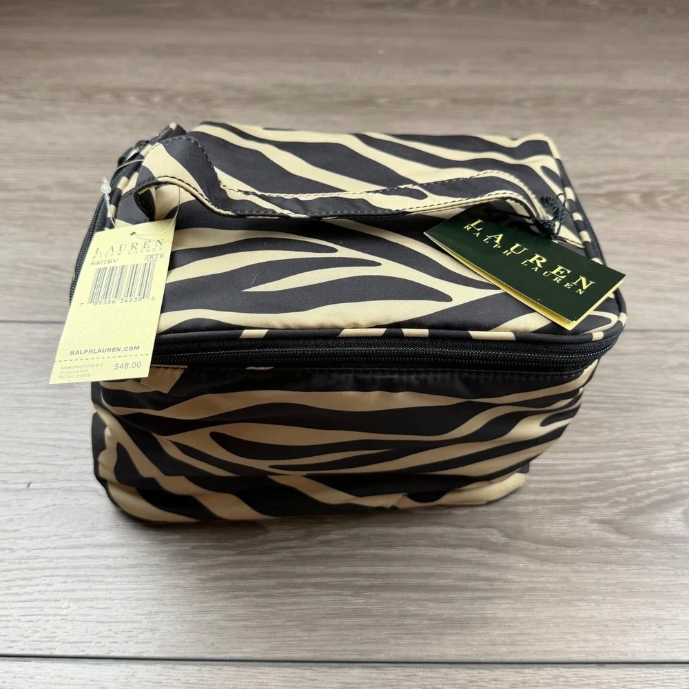 Lauren Ralph Lauren Womens Cosmetic Bag Zebra Animal Print Tan Black NWT
